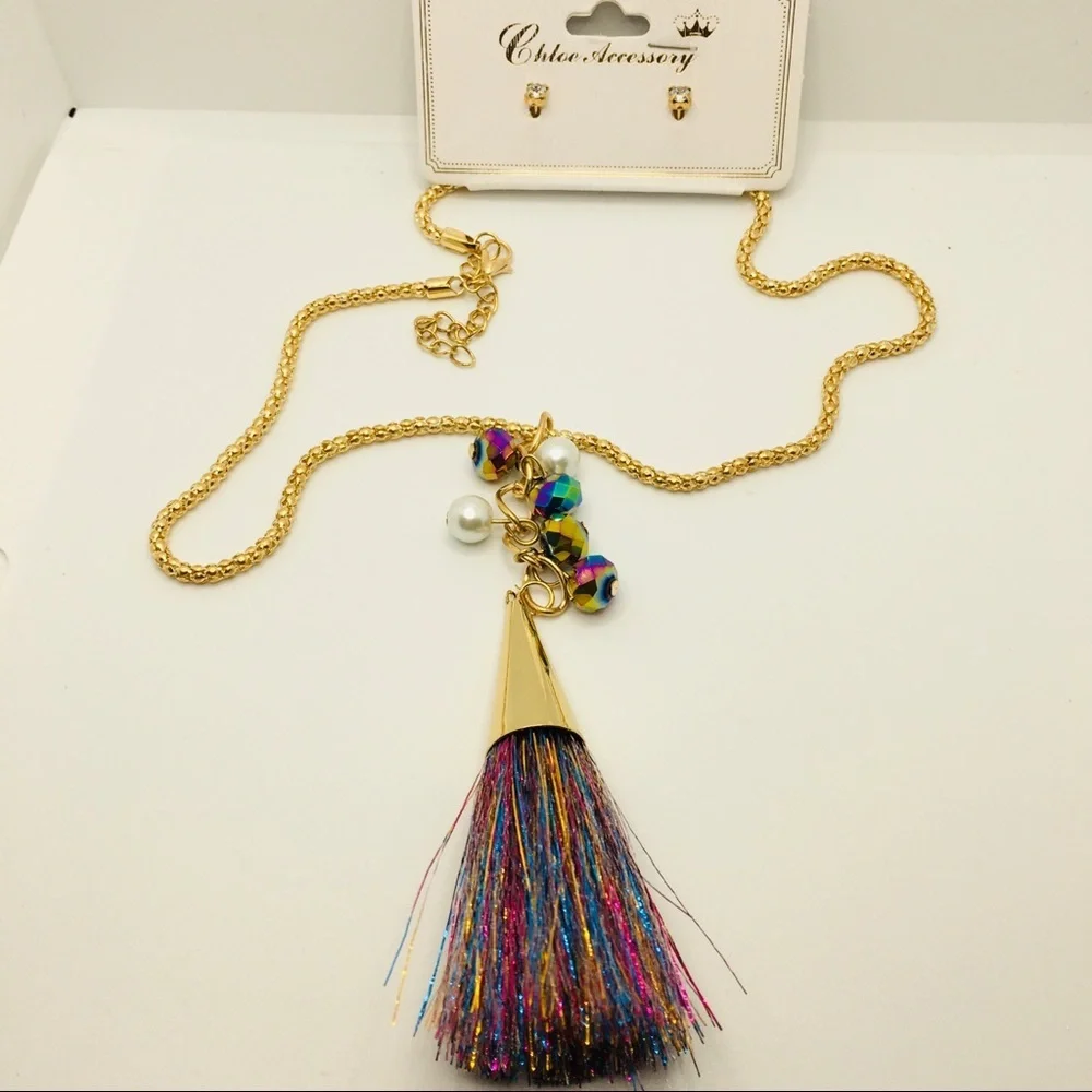 NECKLACE TASSEL & EARRINGS MULTI COLORED! Pierced!
